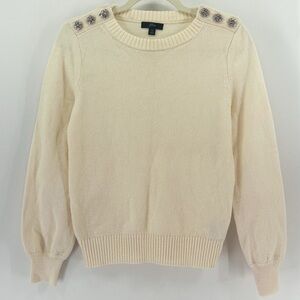 J. Crew Women's Cream Wool Crew Neck Sweater Jeweled Buttons Puff Sleeves Small